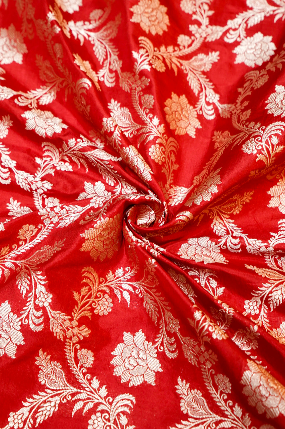 Rose Red Jaal Katan Silk Handwoven Banarasi Thaan