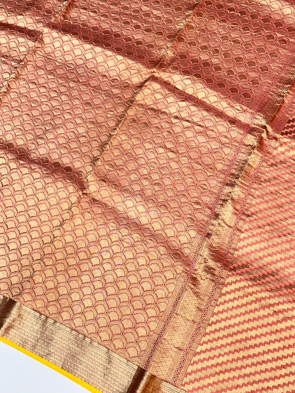 Coral Pink Brocade Crepe  Handwoven Banarasi Saree