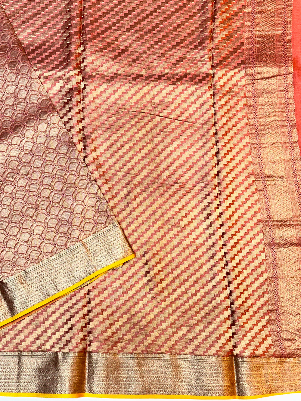 Coral Pink Brocade Crepe  Handwoven Banarasi Saree