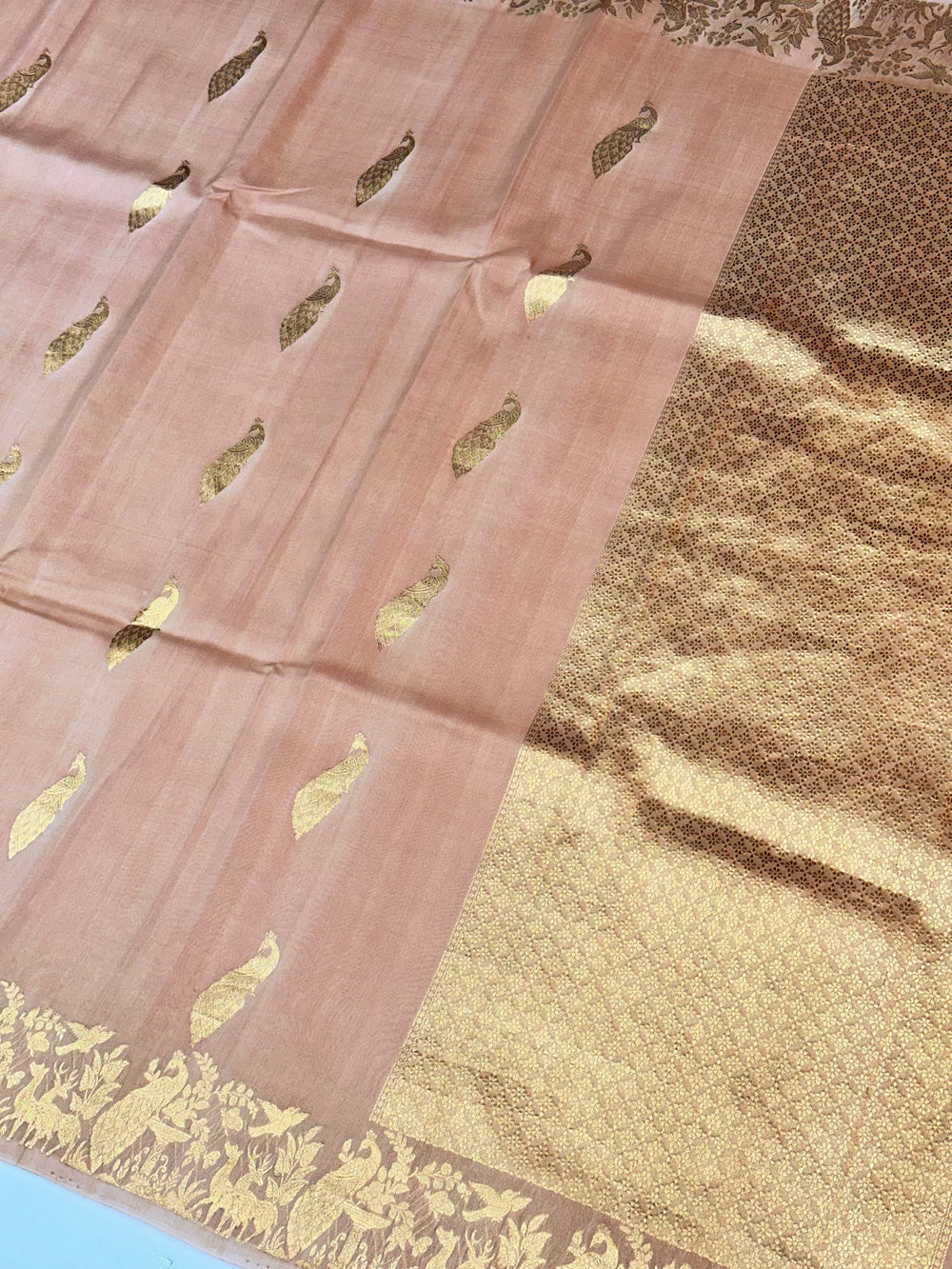 Salmon Pink Motif Katan Silk Handwoven Banarasi Saree
