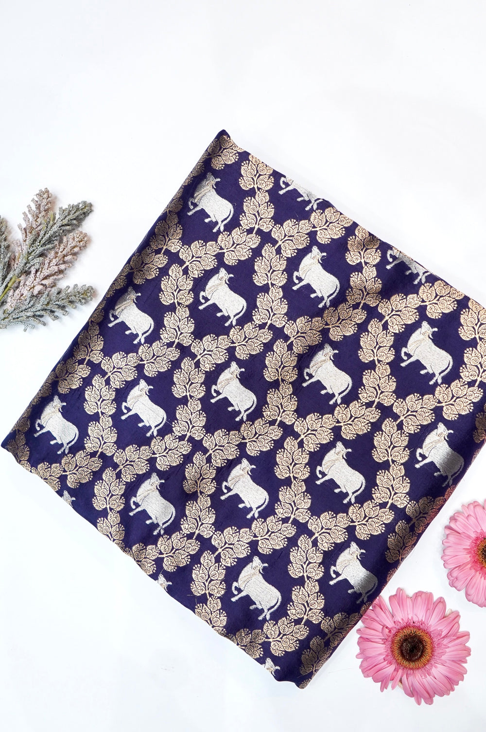 Indigo Blue Jangla Katan Silk Handwoven Banarasi Thaan