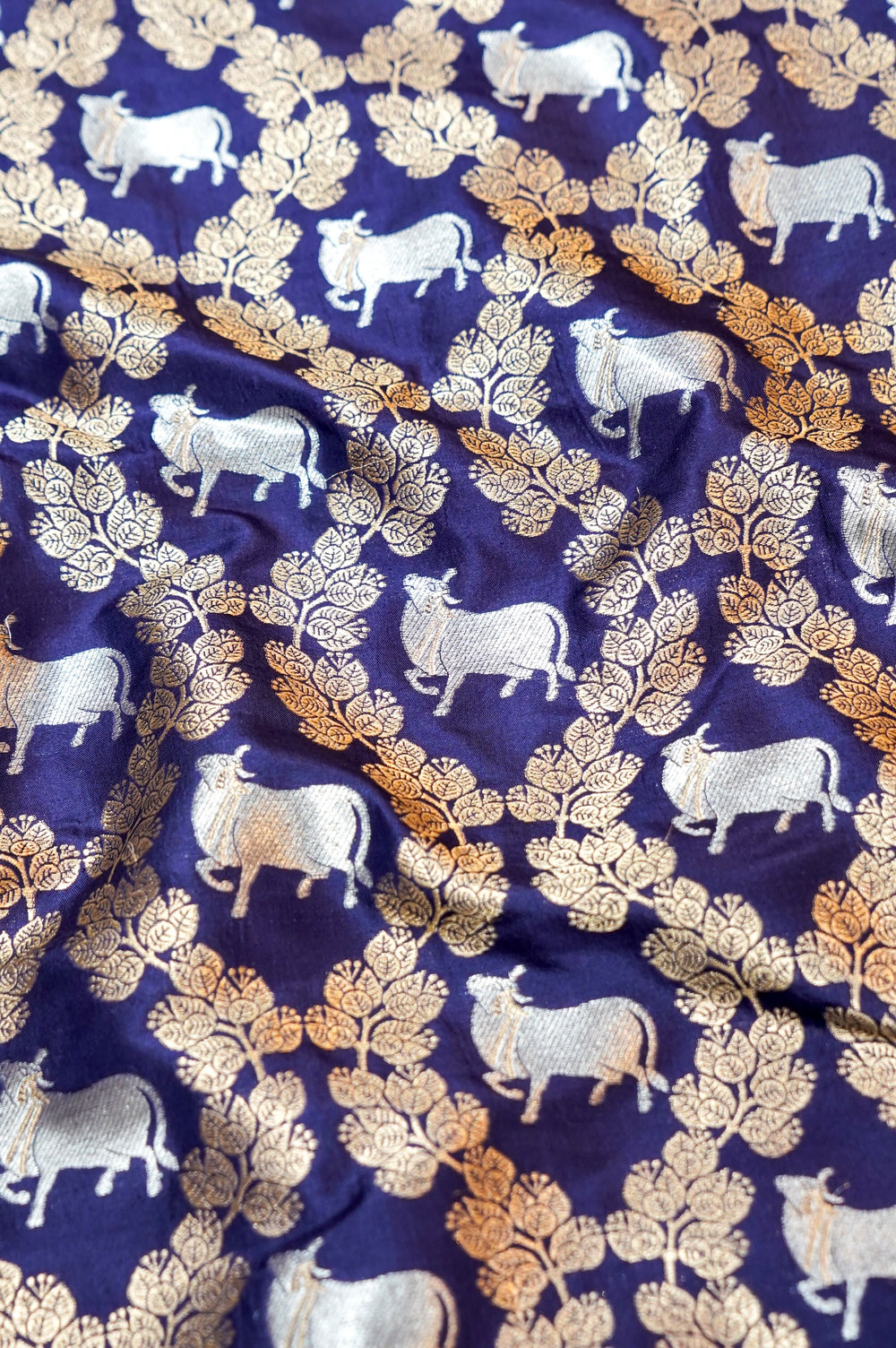Indigo Blue Jangla Katan Silk Handwoven Banarasi Thaan