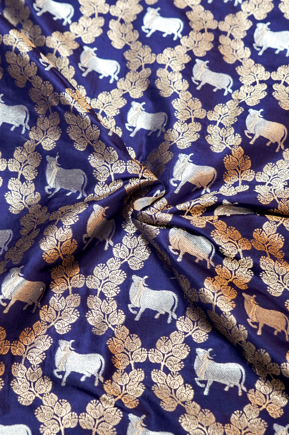 Indigo Blue Jangla Katan Silk Handwoven Banarasi Thaan