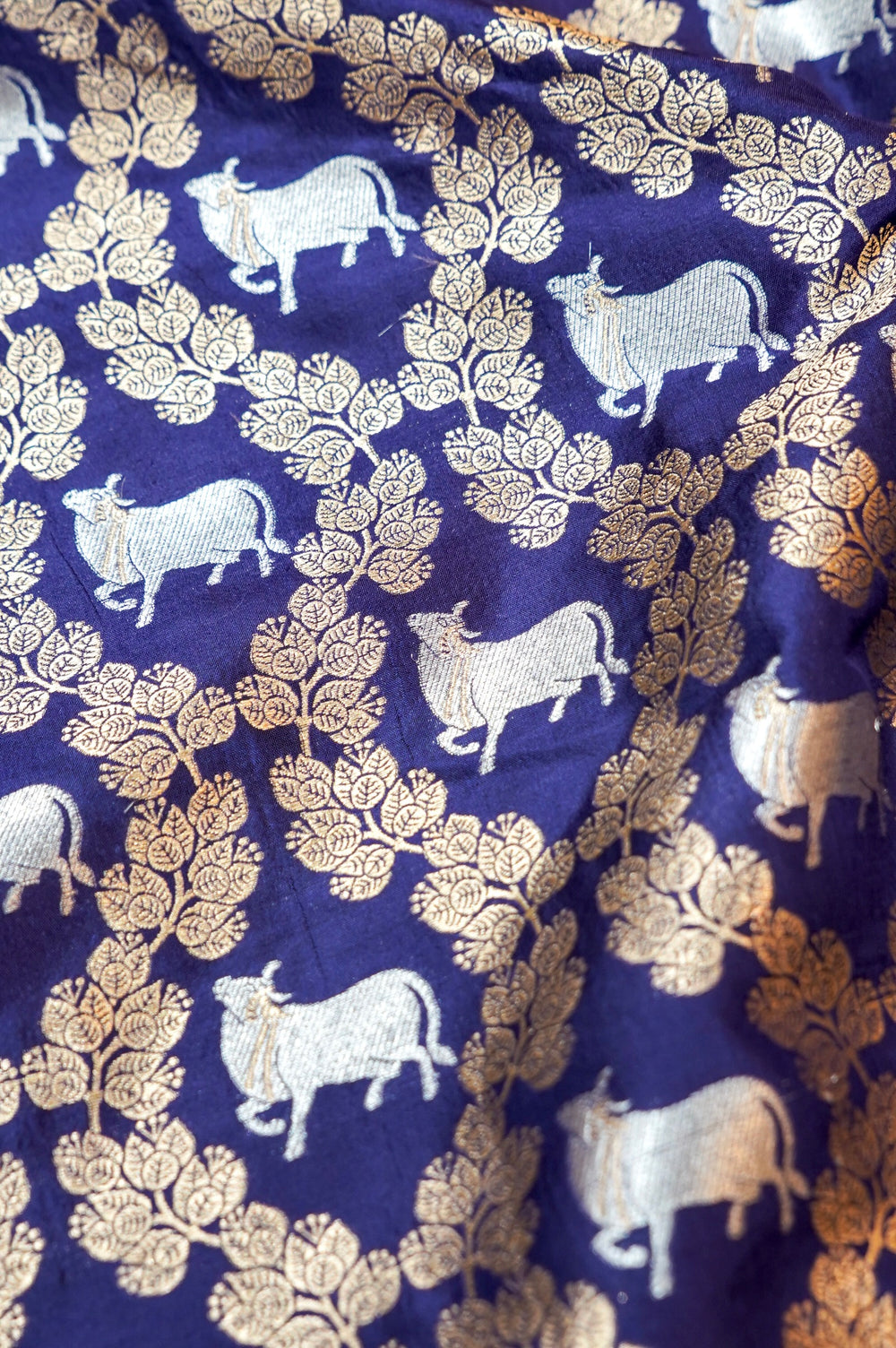 Indigo Blue Jangla Katan Silk Handwoven Banarasi Thaan