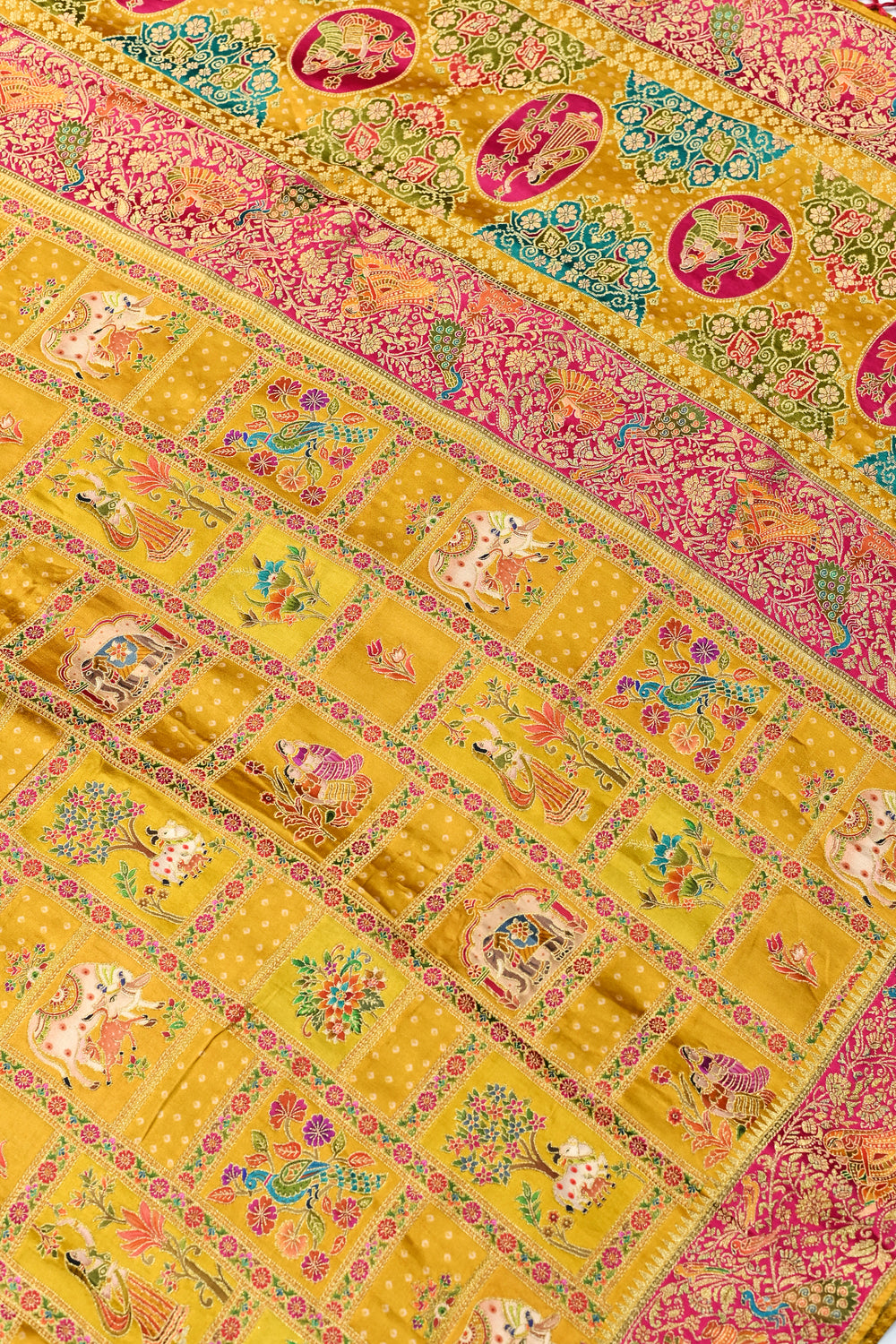 Mutrard Yellow Kalamkari Moonga Silk  Blended Saree