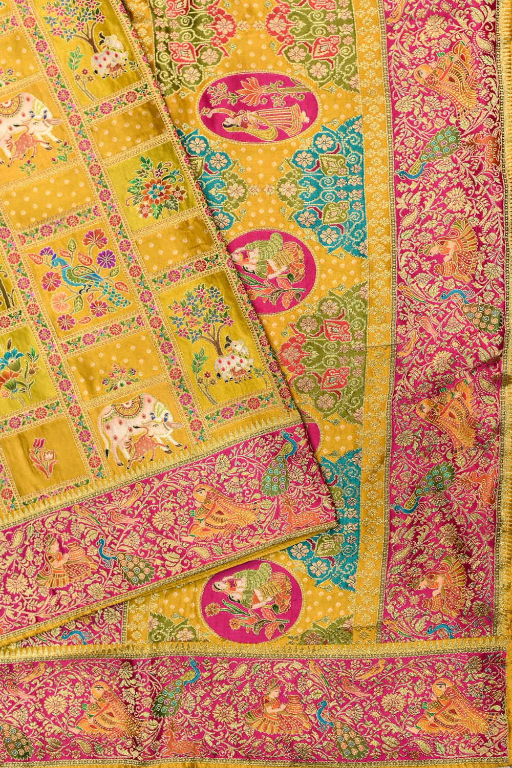 Mutrard Yellow Kalamkari Moonga Silk  Blended Saree