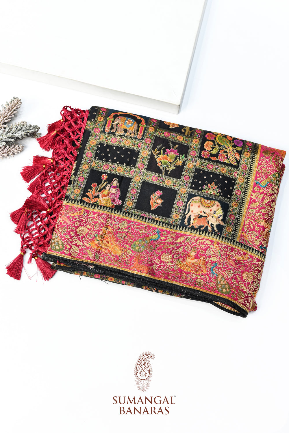 Black Kalamkari Moonga Silk  Blended Saree