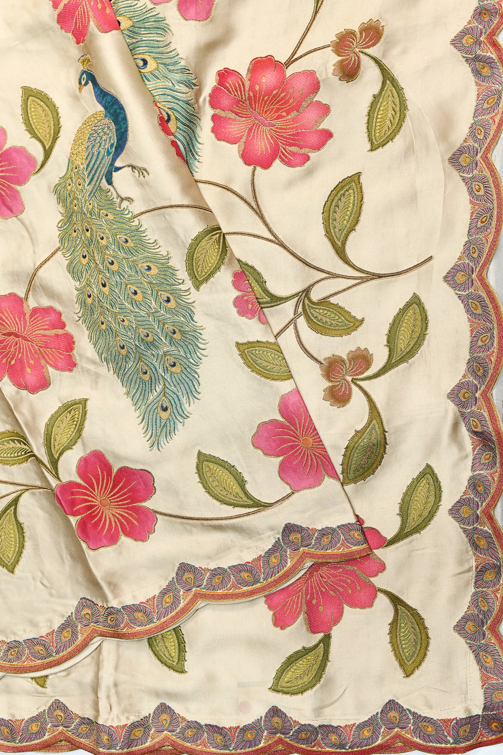 Cream White Kalamkari Moonga Silk  Blended Saree