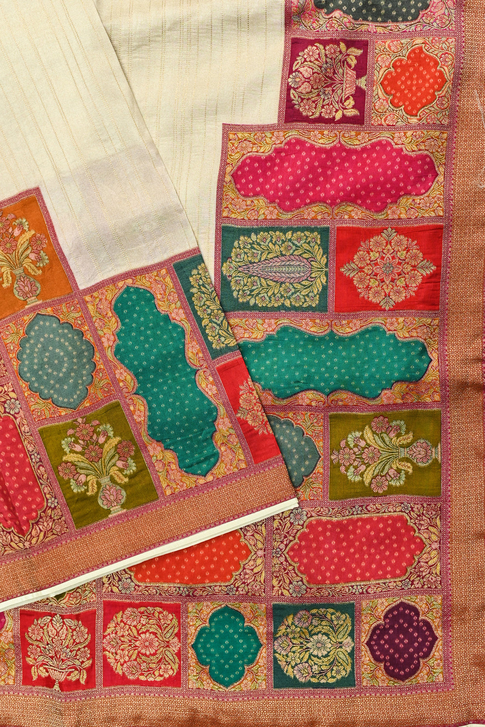 Cream White Kalamkari Moonga Silk  Blended Saree