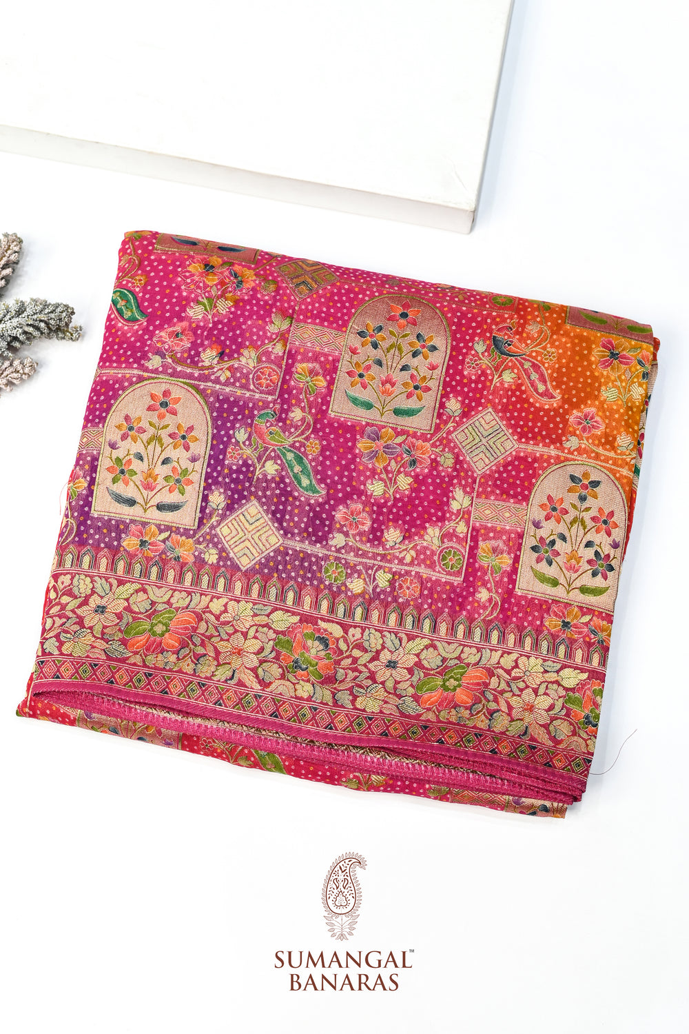 Pink Multi Bandhani Georgette Khadi  Blended Saree