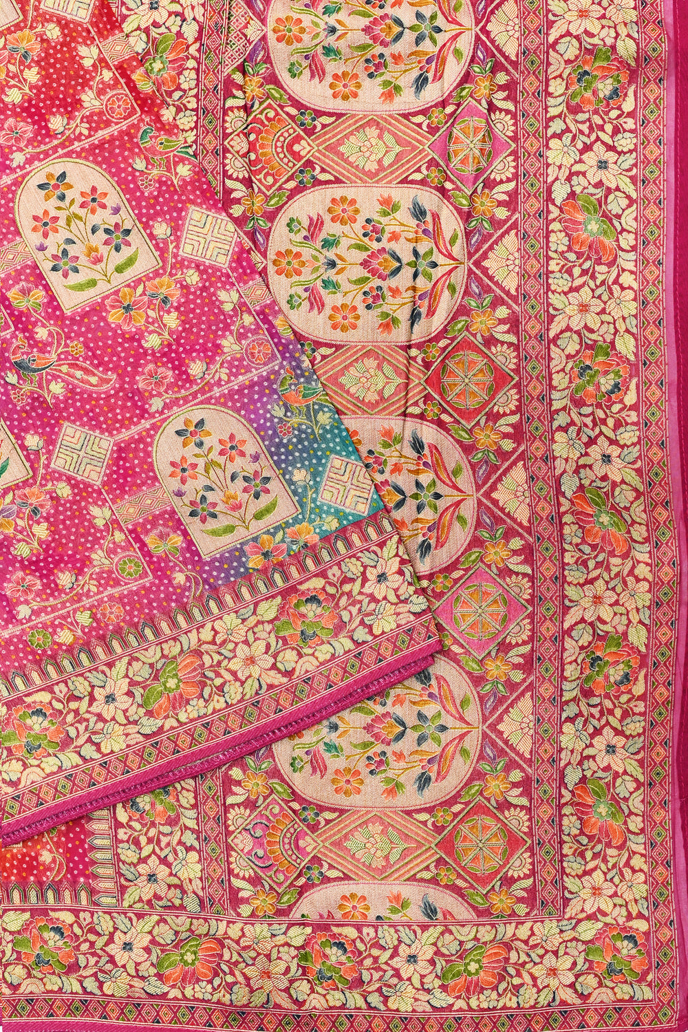Pink Multi Bandhani Georgette Khadi  Blended Saree
