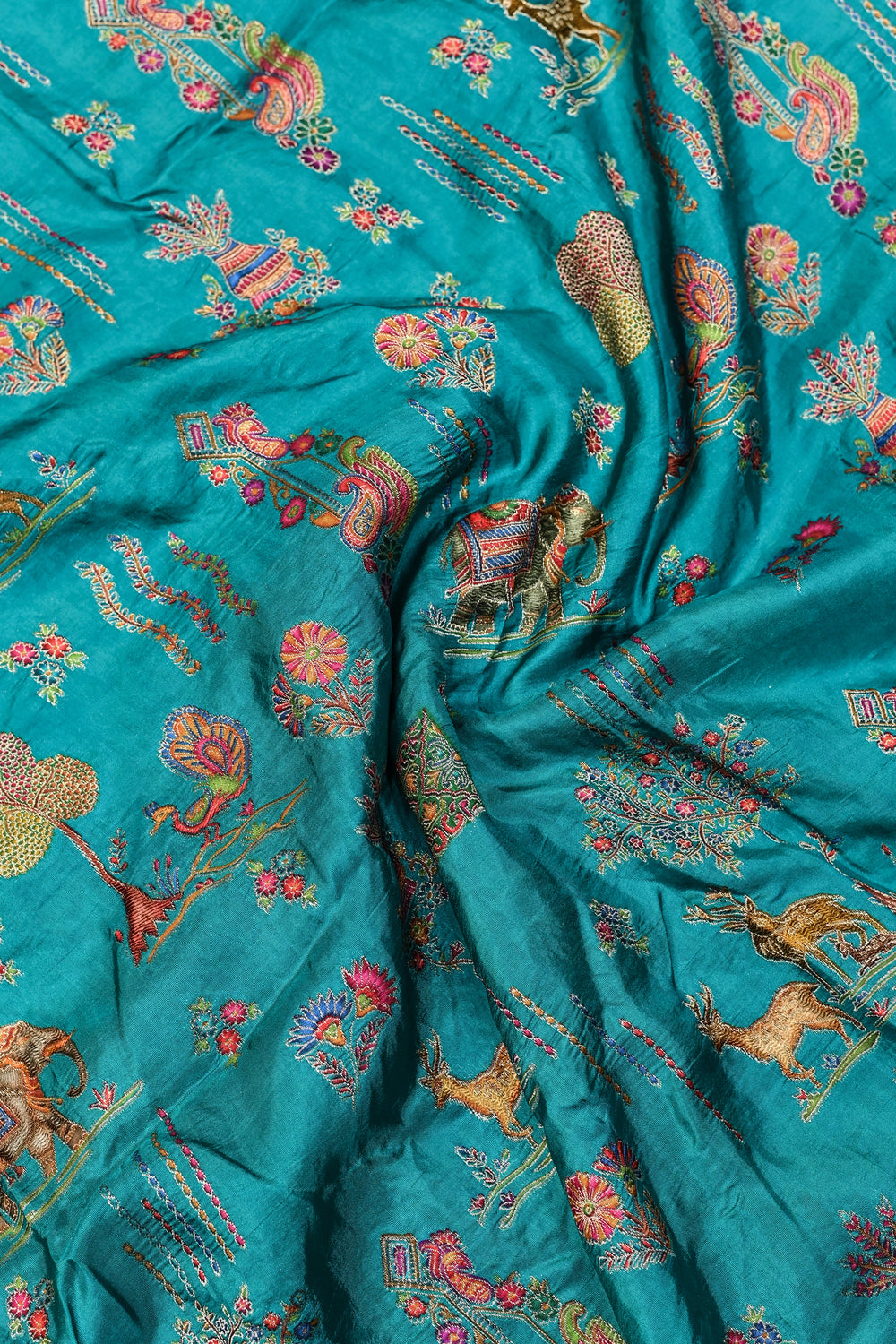 Ocean blue Kalamkari Moonga Silk  Blended Saree
