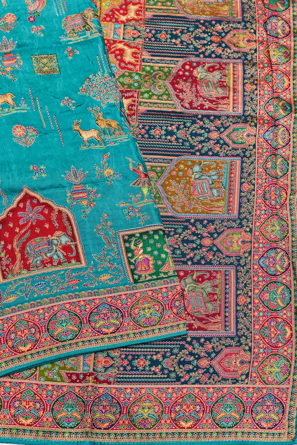 Ocean blue Kalamkari Moonga Silk  Blended Saree