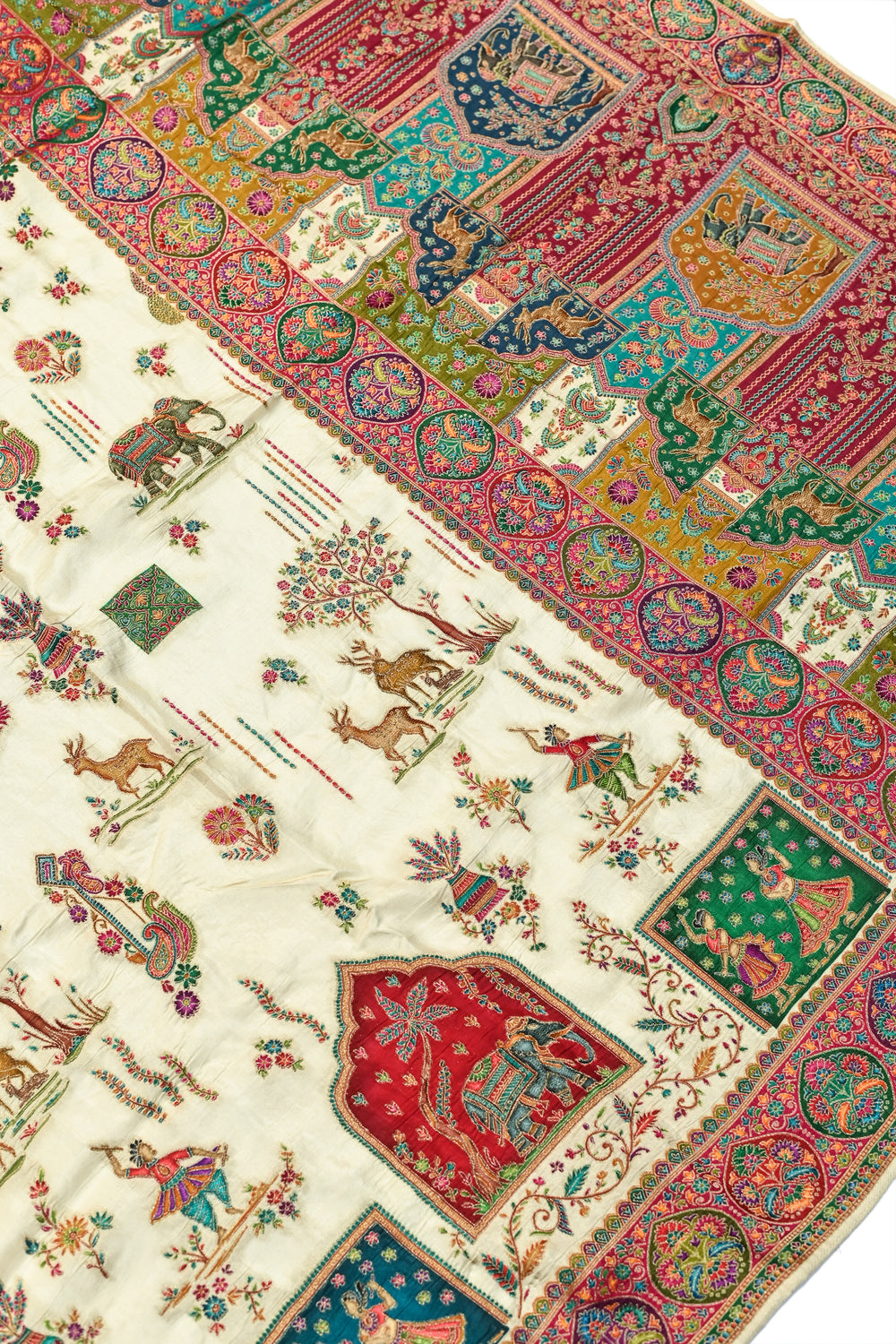 Cream White Kalamkari Moonga Silk  Blended Saree