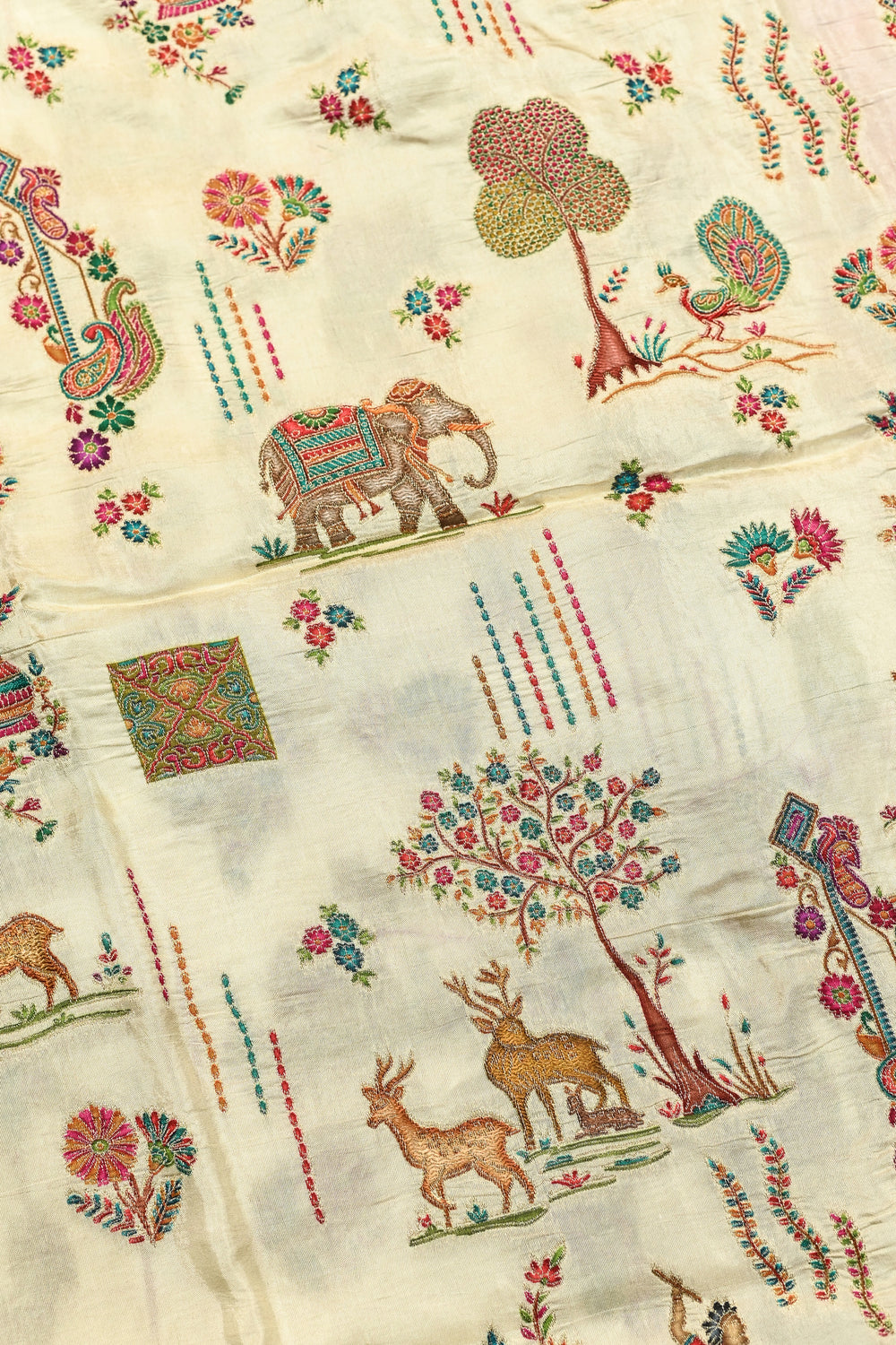 Cream White Kalamkari Moonga Silk  Blended Saree