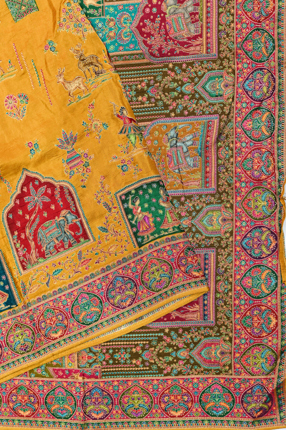 Gold Yellow Kalamkari Moonga Silk  Blended Saree