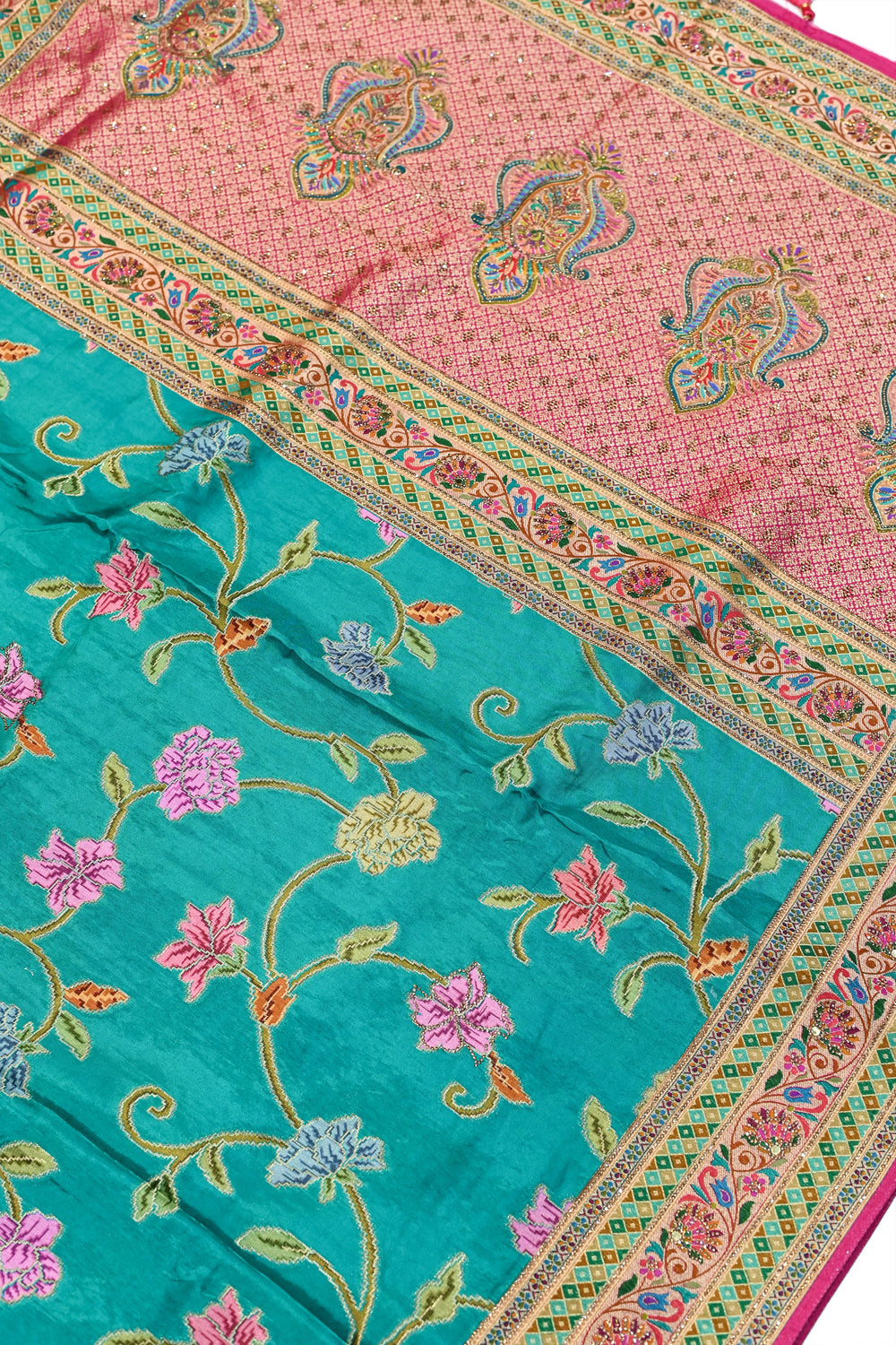 Teal Blue Kalamkari Moonga Silk  Blended Saree