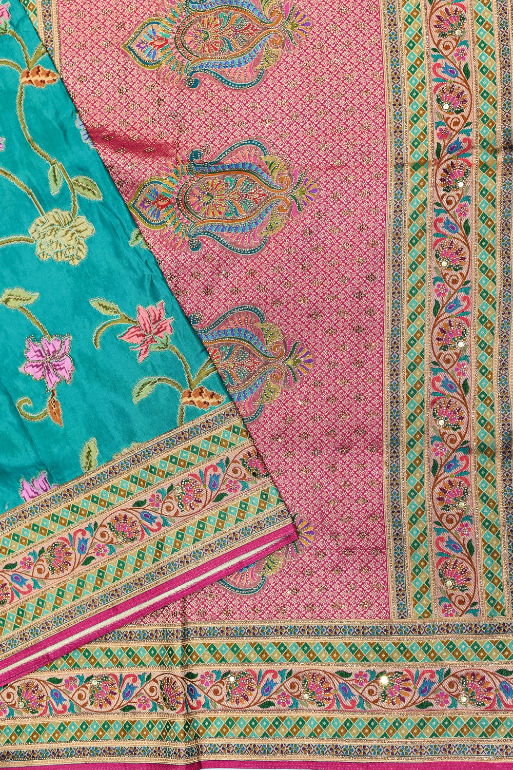 Teal Blue Kalamkari Moonga Silk  Blended Saree