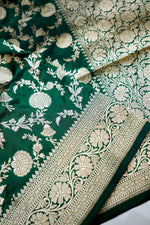 Basil Green Jaal Katan Silk Handwoven Banarasi Saree
