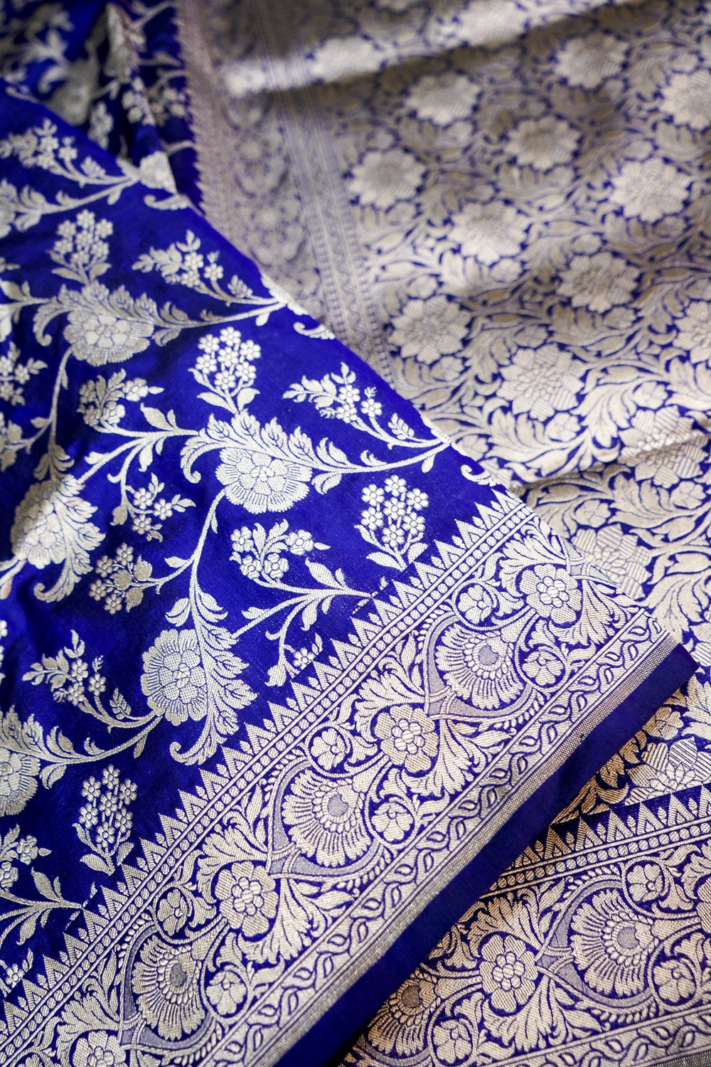 Indigo Blue Jaal Katan Silk Handwoven Banarasi Saree