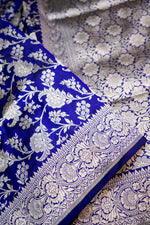 Indigo Blue Jaal Katan Silk Handwoven Banarasi Saree