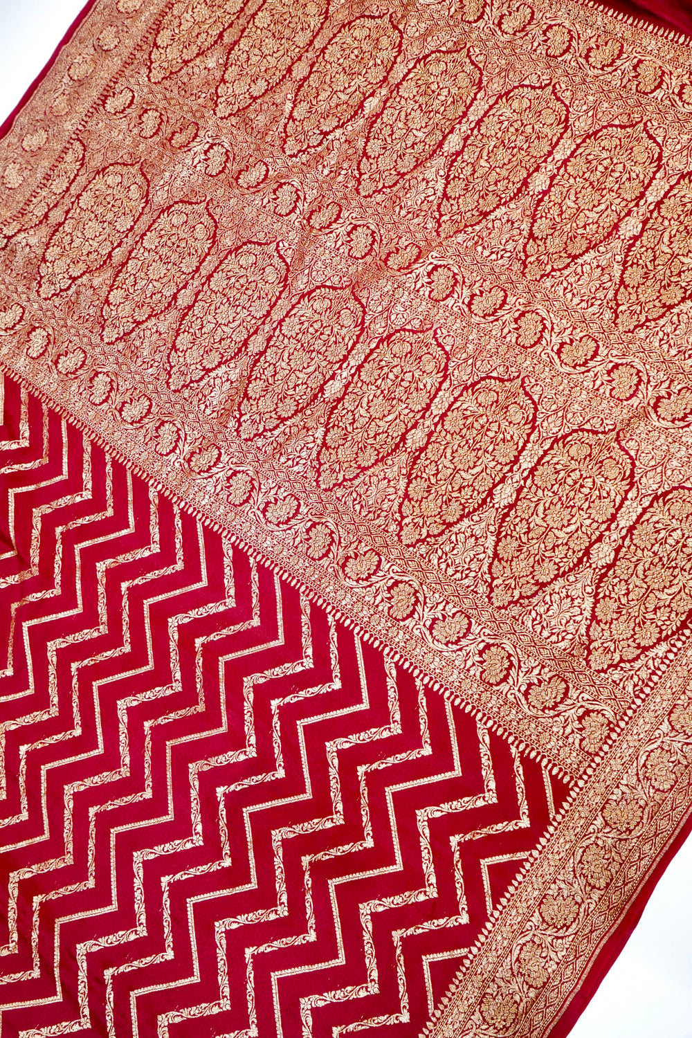 Berry Red Geometric Crepe  Handwoven Banarasi Saree