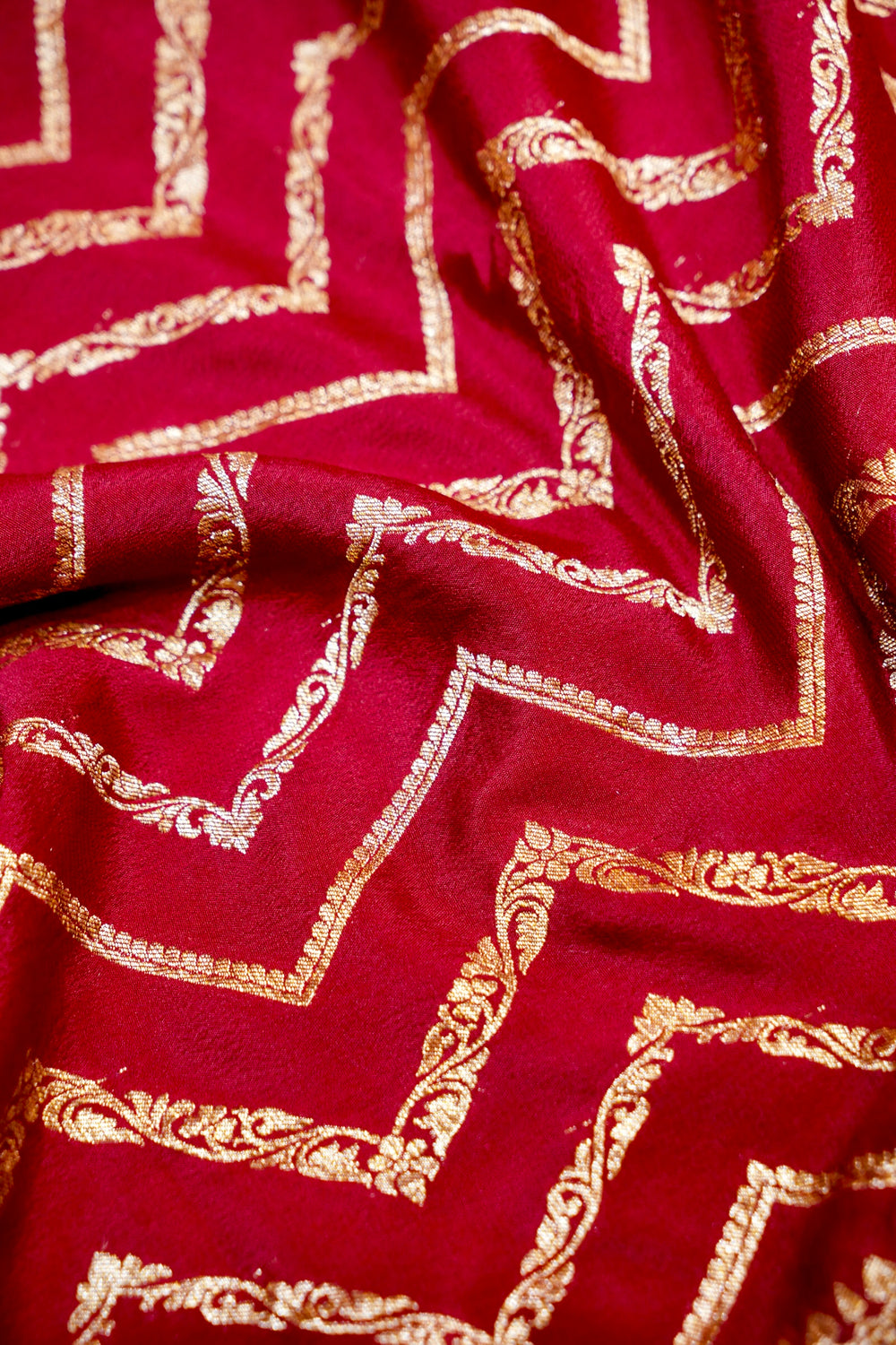 Berry Red Geometric Crepe  Handwoven Banarasi Saree