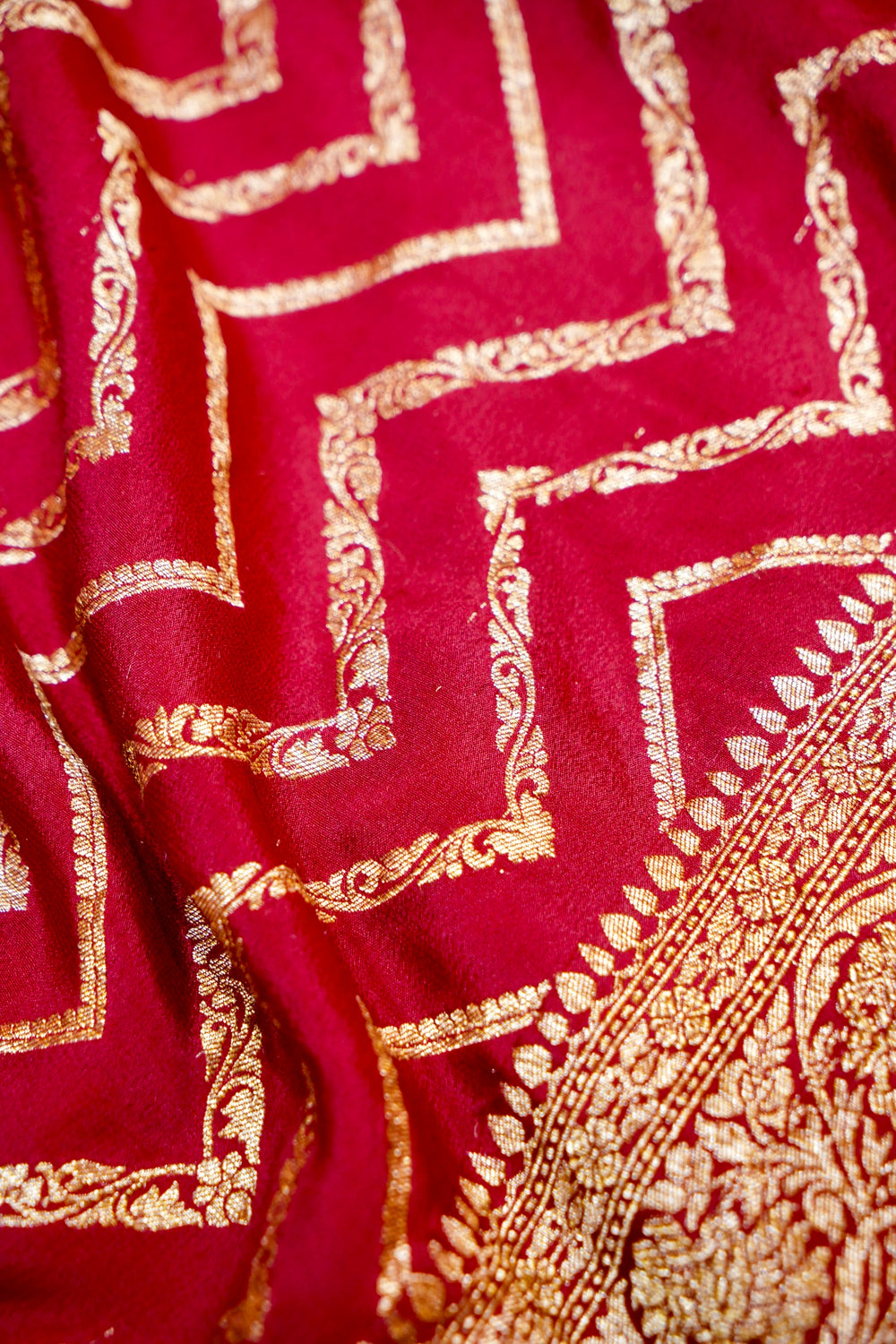 Berry Red Geometric Crepe  Handwoven Banarasi Saree