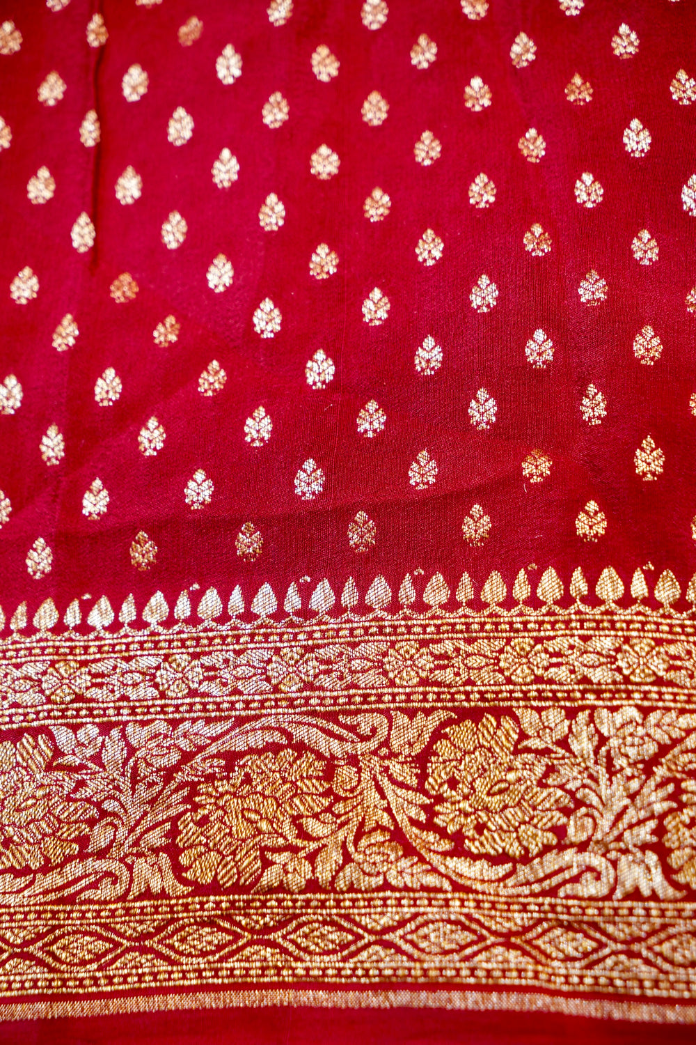 Berry Red Geometric Crepe  Handwoven Banarasi Saree