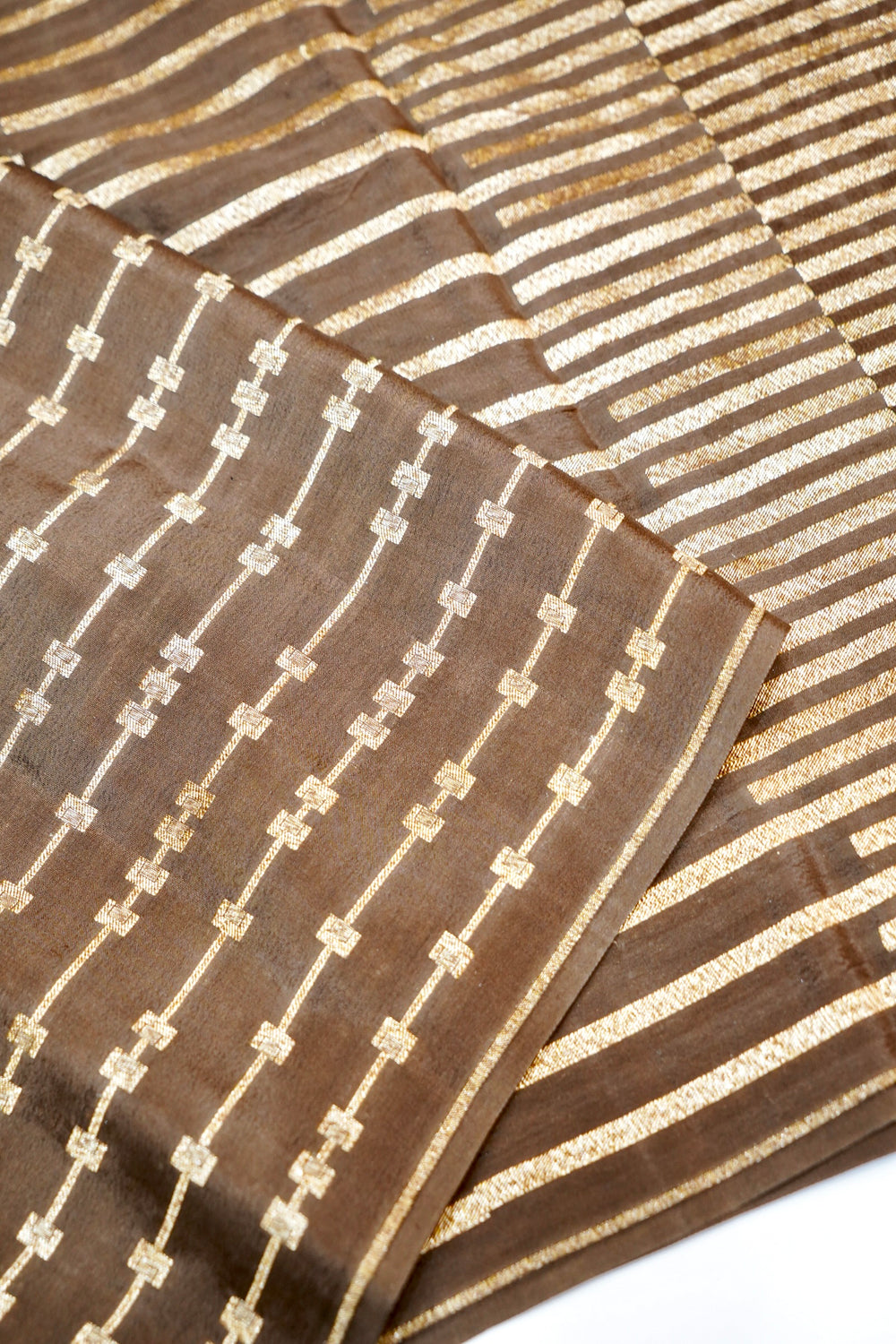 Tawny Brown Stripe Crepe Handwoven Banarasi Saree