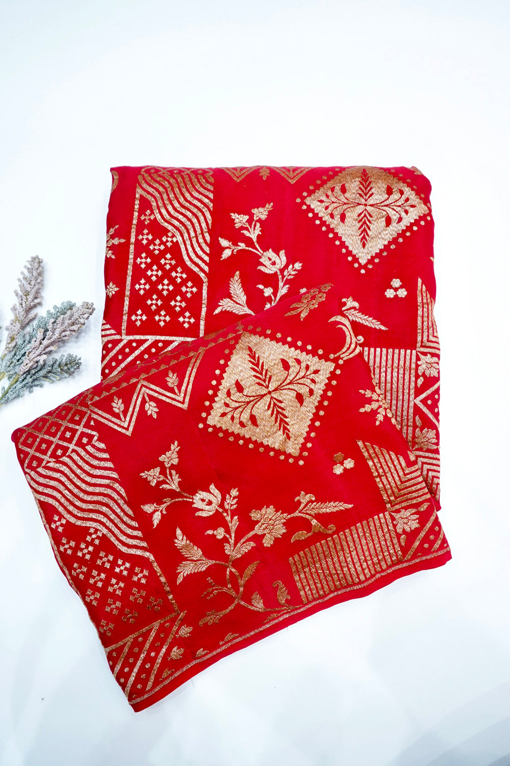 Rose Red Geometric Crepe  Handwoven Banarasi Saree