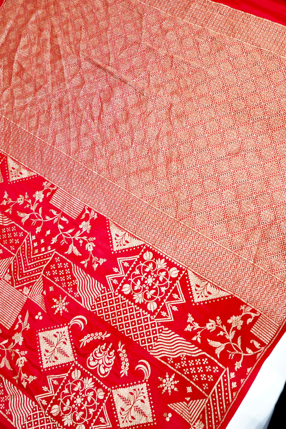 Rose Red Geometric Crepe  Handwoven Banarasi Saree