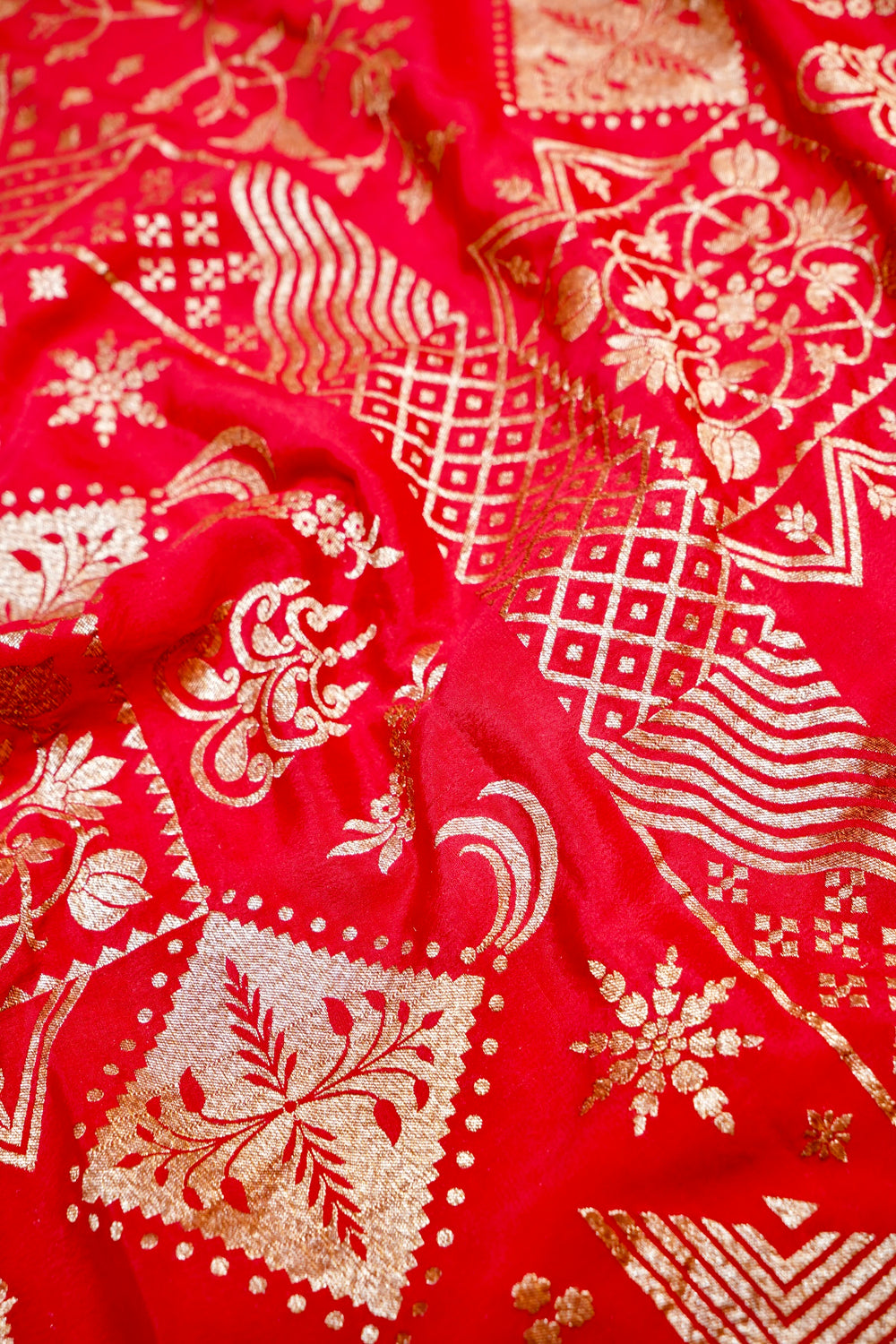 Rose Red Geometric Crepe  Handwoven Banarasi Saree