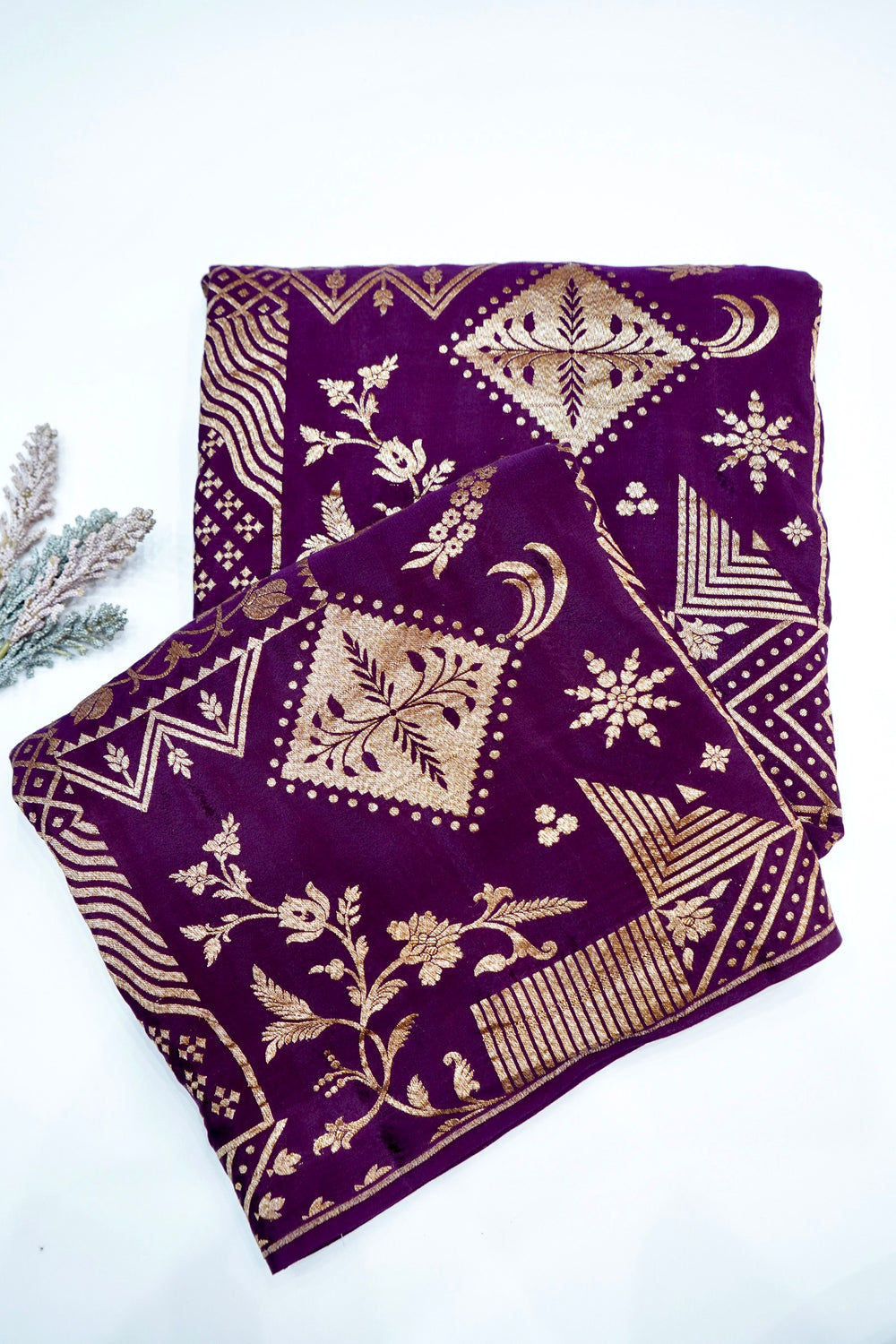 Wine Purple Geometric Crepe  Handwoven Banarasi Saree