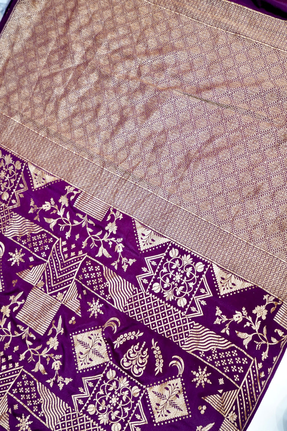 Wine Purple Geometric Crepe  Handwoven Banarasi Saree