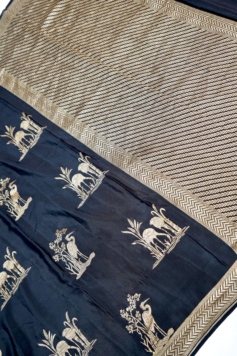 Jade Black Motif Crepe  Handwoven Banarasi Saree