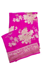 Fuschia Pink Floral Crepe  Handwoven Banarasi Saree