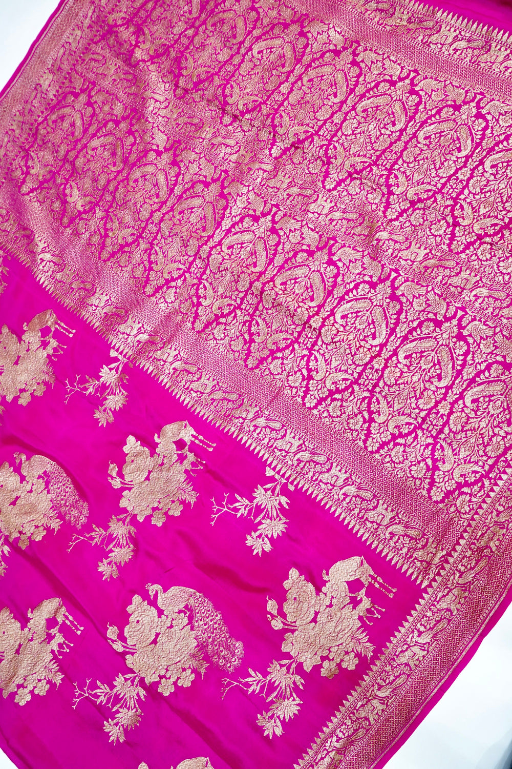 Fuschia Pink Floral Crepe  Handwoven Banarasi Saree