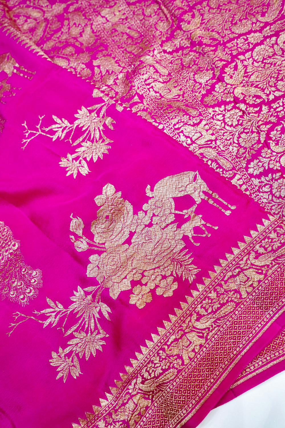 Fuschia Pink Floral Crepe  Handwoven Banarasi Saree