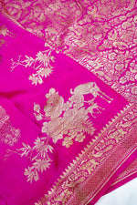 Fuschia Pink Floral Crepe  Handwoven Banarasi Saree