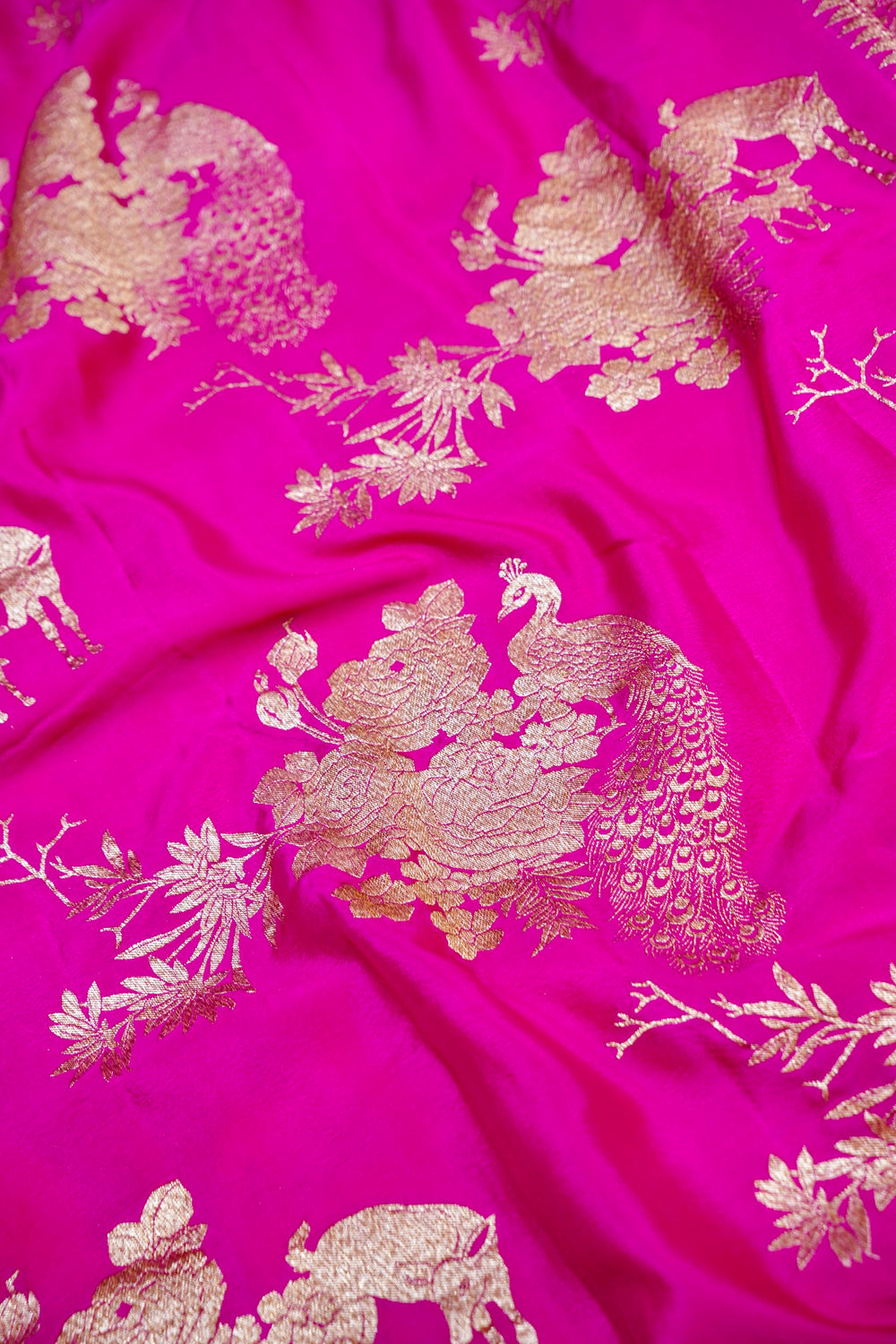 Fuschia Pink Floral Crepe  Handwoven Banarasi Saree