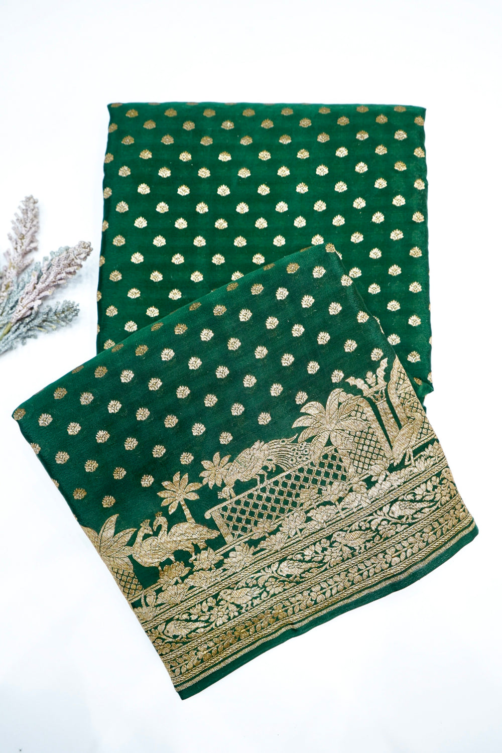 Pine Green Booti Crepe  Handwoven Banarasi Saree