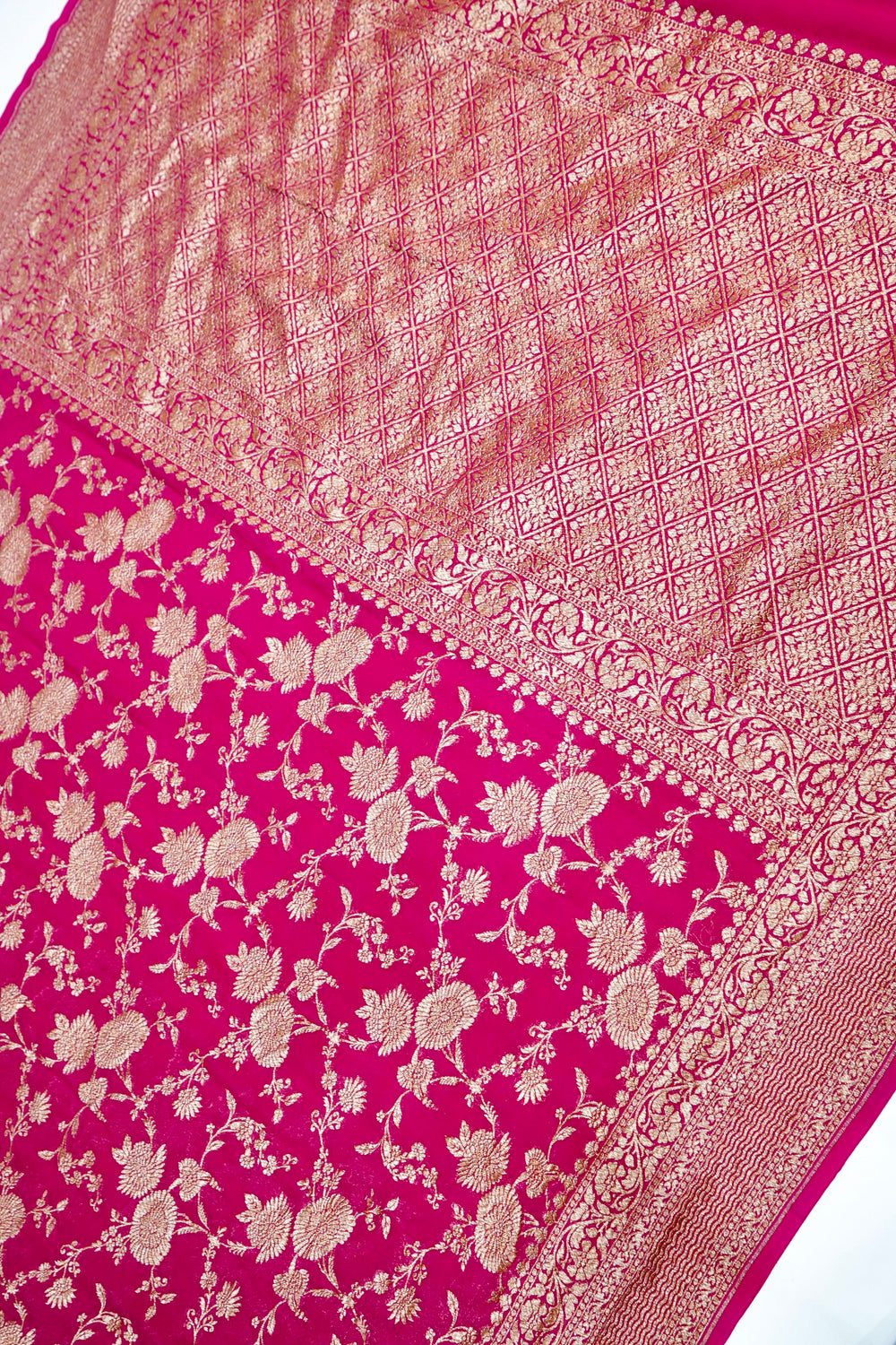 Magenta Pink Jaal Crepe  Handwoven Banarasi Saree