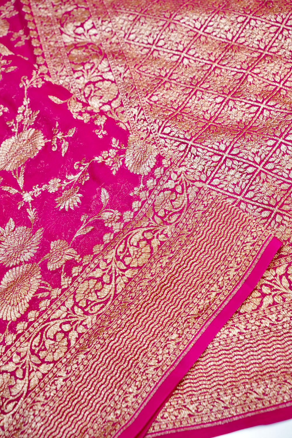 Magenta Pink Jaal Crepe  Handwoven Banarasi Saree