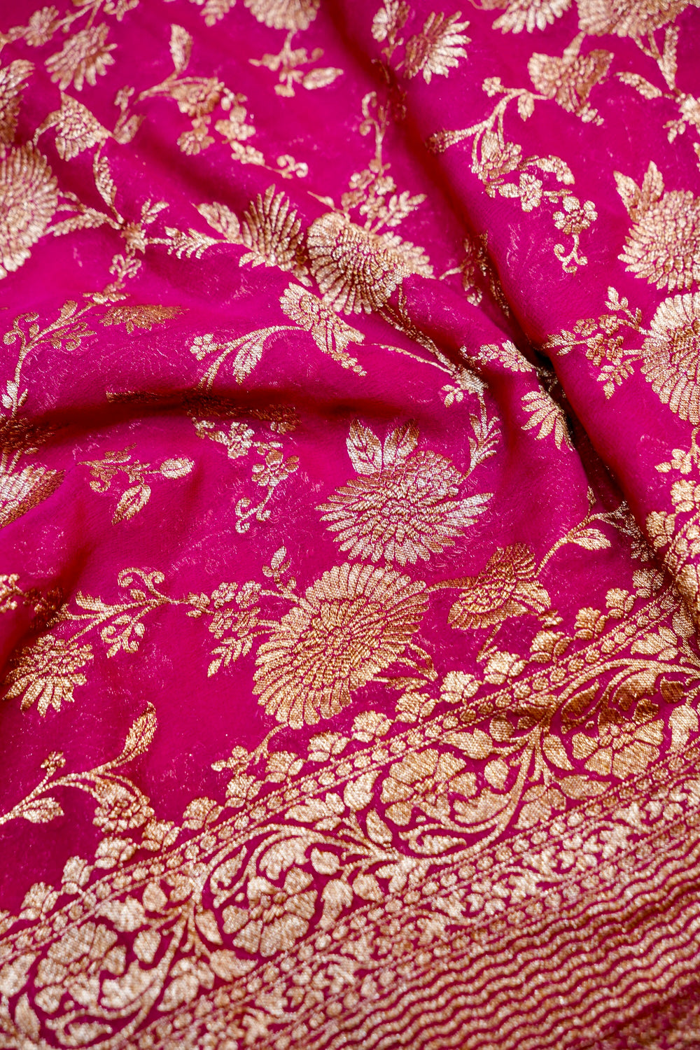 Magenta Pink Jaal Crepe  Handwoven Banarasi Saree