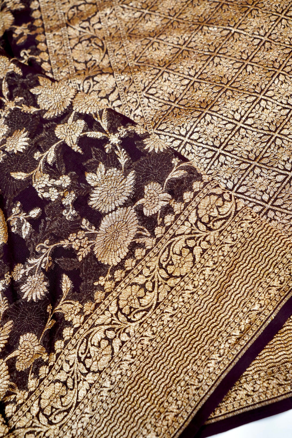 Wine Purple Jaal Georgette Khaddi  Handwoven Banarasi Saree