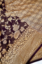 Wine Purple Jaal Georgette Khaddi  Handwoven Banarasi Saree