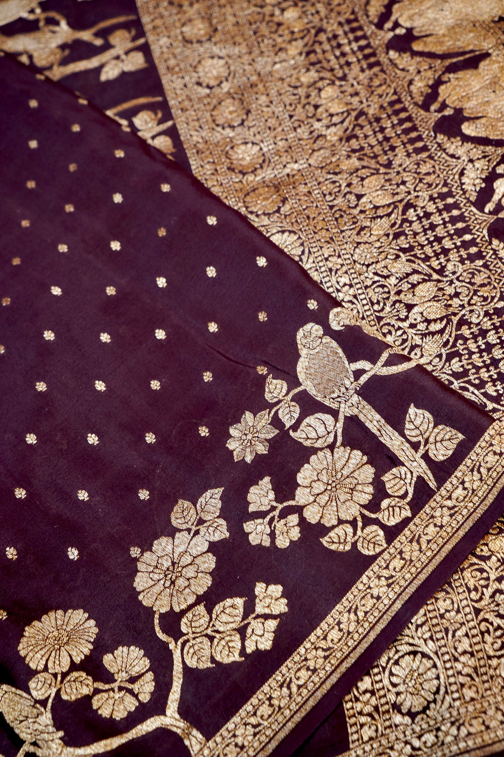 Wine Purple Booti Crepe  Handwoven Banarasi Saree