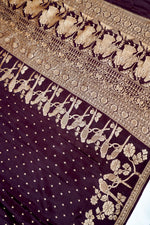 Wine Purple Booti Crepe  Handwoven Banarasi Saree