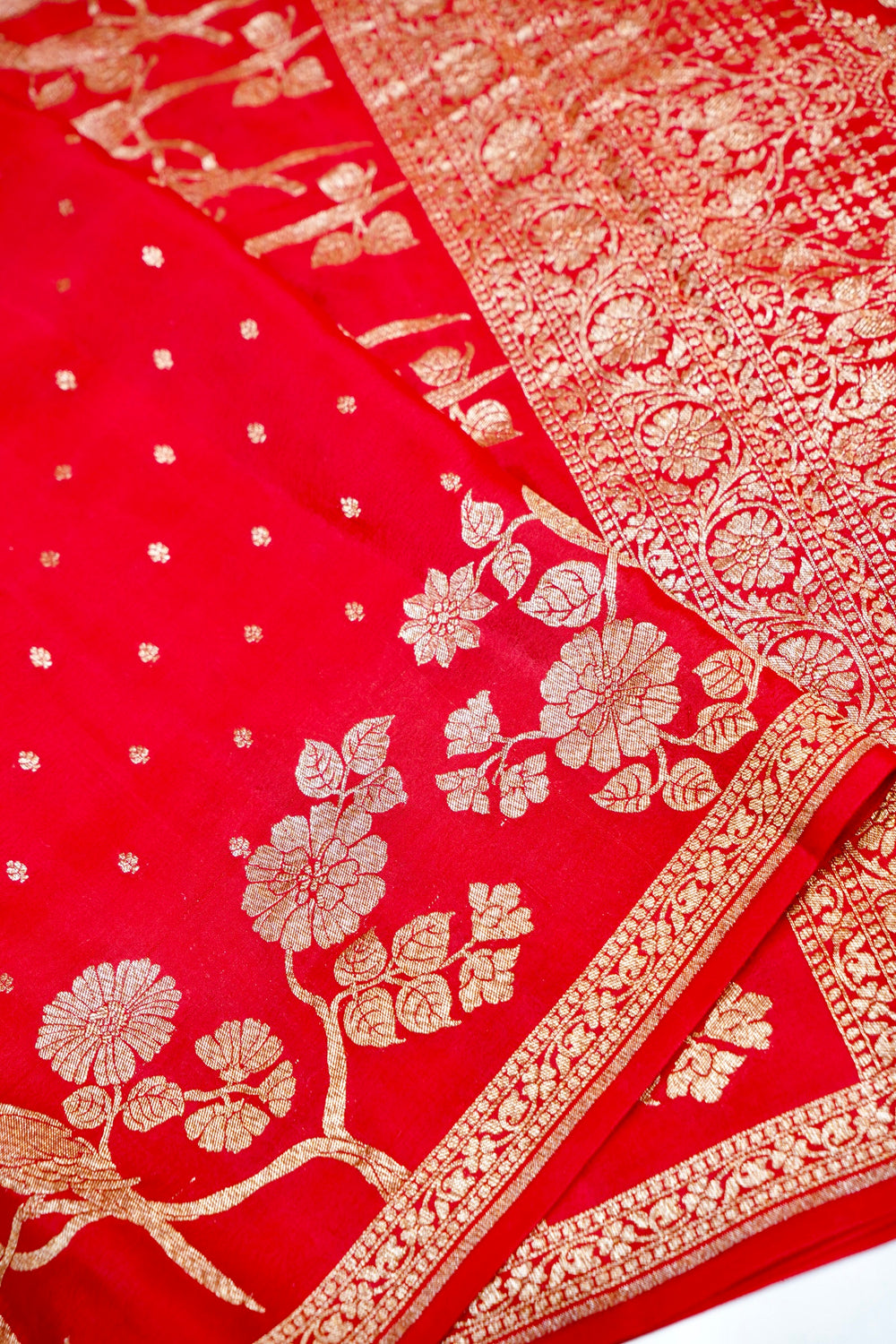 Rose Red Booti Crepe  Handwoven Banarasi Saree